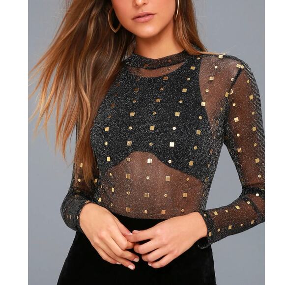 Lulus Rooftop Party Black and Gold Print Sheer Mesh Bodysuit Size M - Picture 1 of 10